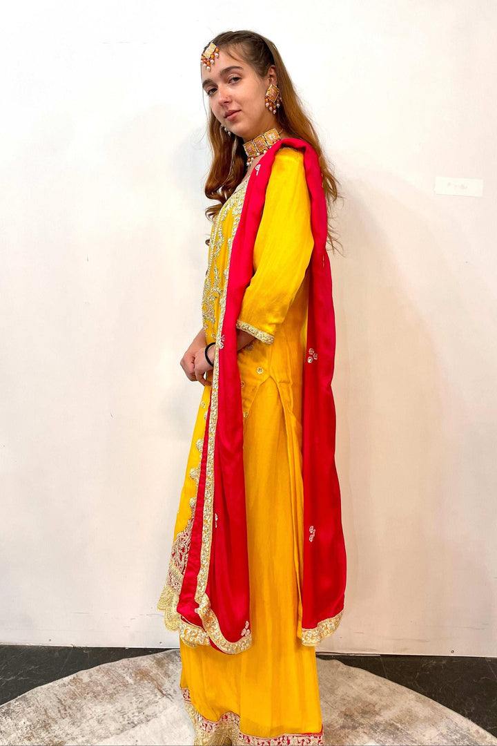 Sunshine Yellow Salwar Kameez with Red Zari Yoke (Outside Ontario) - MyEthnikRentals