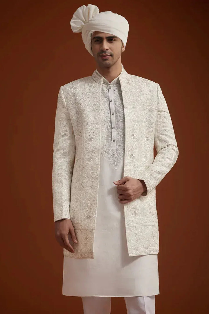 Ivory Open Jacket Sherwani with Resham Embroidery (Outside Ontario) - MyEthnikRentals
