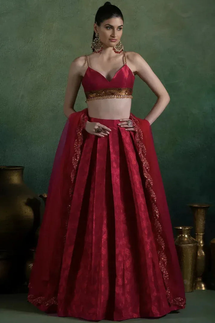 Fuchsia Red Brocade Lehenga - MyEthnikRentals