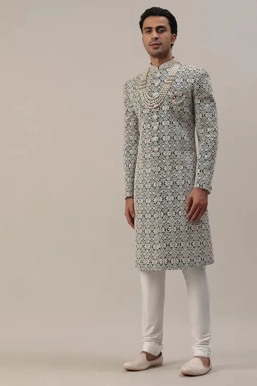 Teal Green Embroidered Sherwani with Layered Mala (Outside Ontario) - MyEthnikRentals