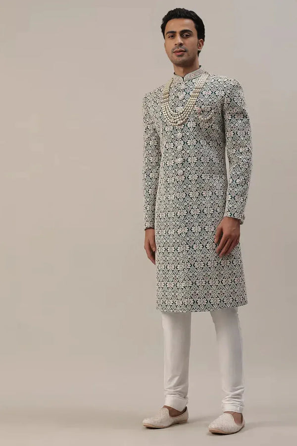 Teal Green Embroidered Sherwani with Layered Mala - MyEthnikRentals