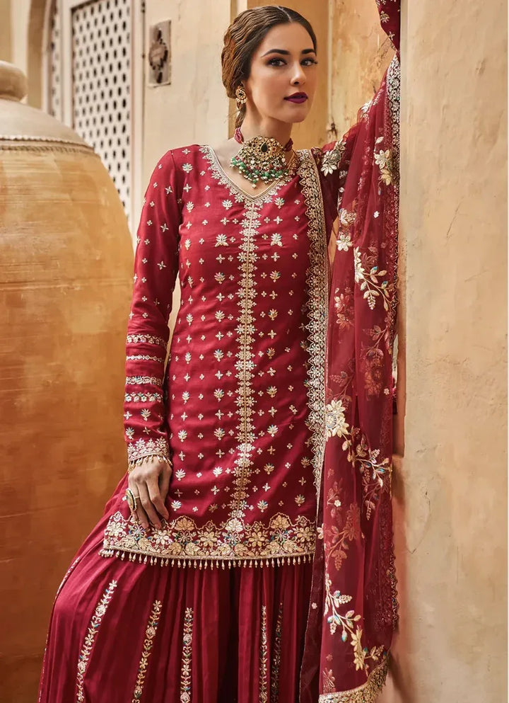 Maroon Gold Embroidered Sharara Set - MyEthnikRentals