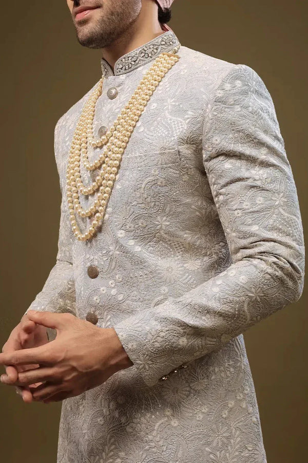 Baby Blue Silk Sherwani with Zari and Sequin Embroidery (Outside Ontario) - MyEthnikRentals
