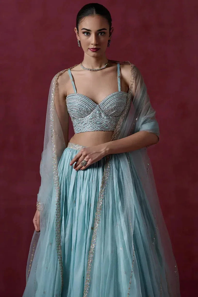 Dusty Blue Organza Lehenga - MyEthnikRentals