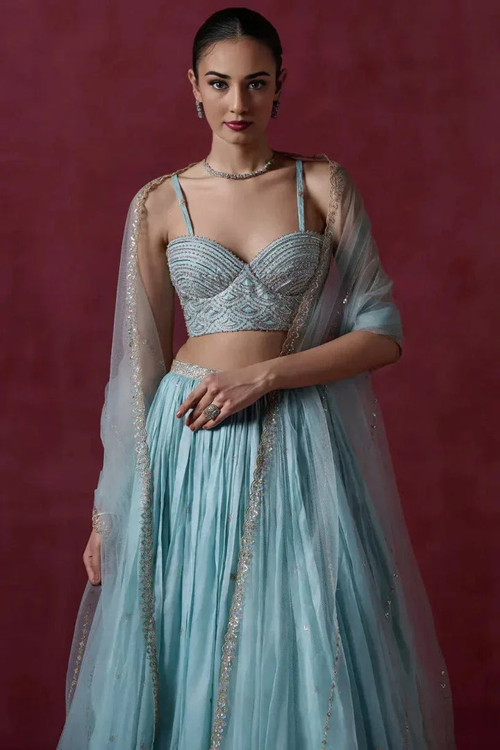 Dusty Blue Organza Lehenga - MyEthnikRentals
