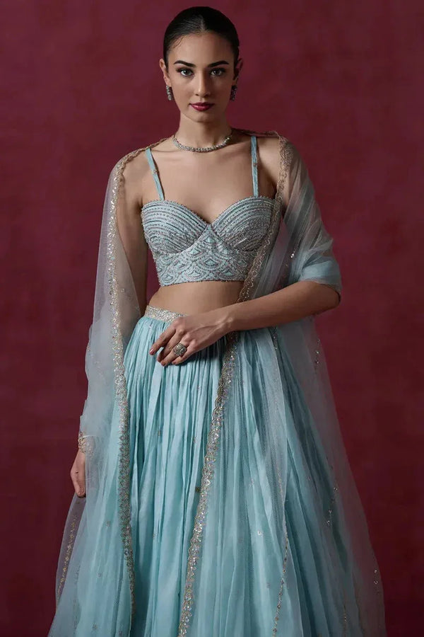 Dusty Blue Organza Lehenga (Outside Ontario) - MyEthnikRentals