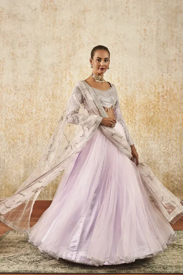 Lavender Embroidered Net Lehenga - MyEthnikRentals