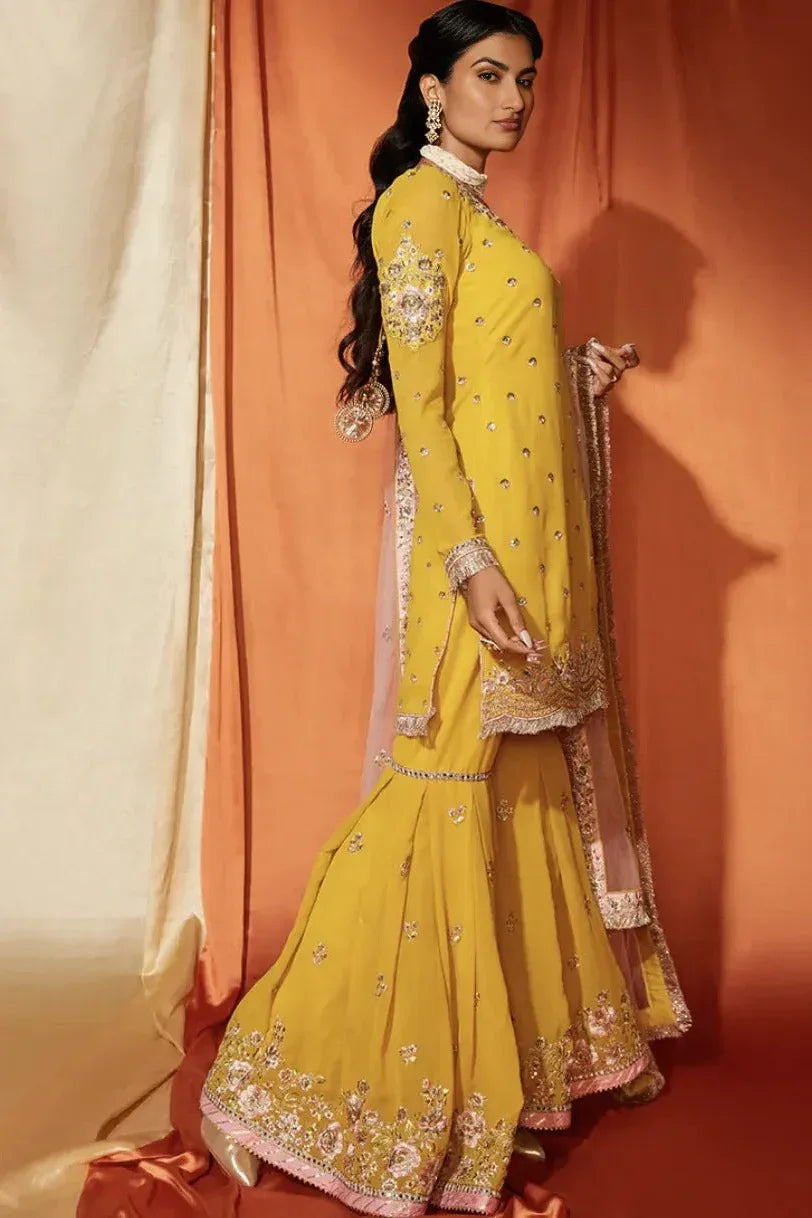 Mustard & Blush Pink Georgette Gharara Suit (Outside Ontario) - MyEthnikRentals