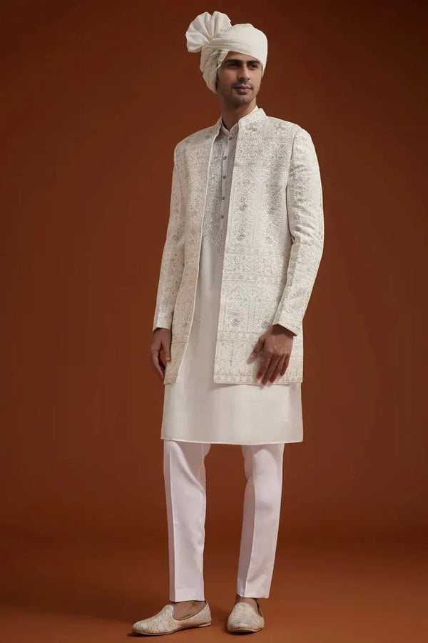 Ivory Open Jacket Sherwani with Resham Embroidery - MyEthnikRentals