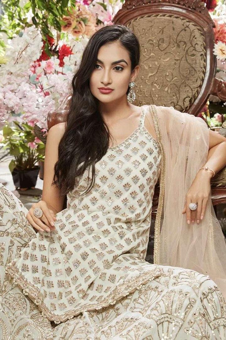Ivory and Gold Embroidered Sharara Set (Outside Ontario) - MyEthnikRentals