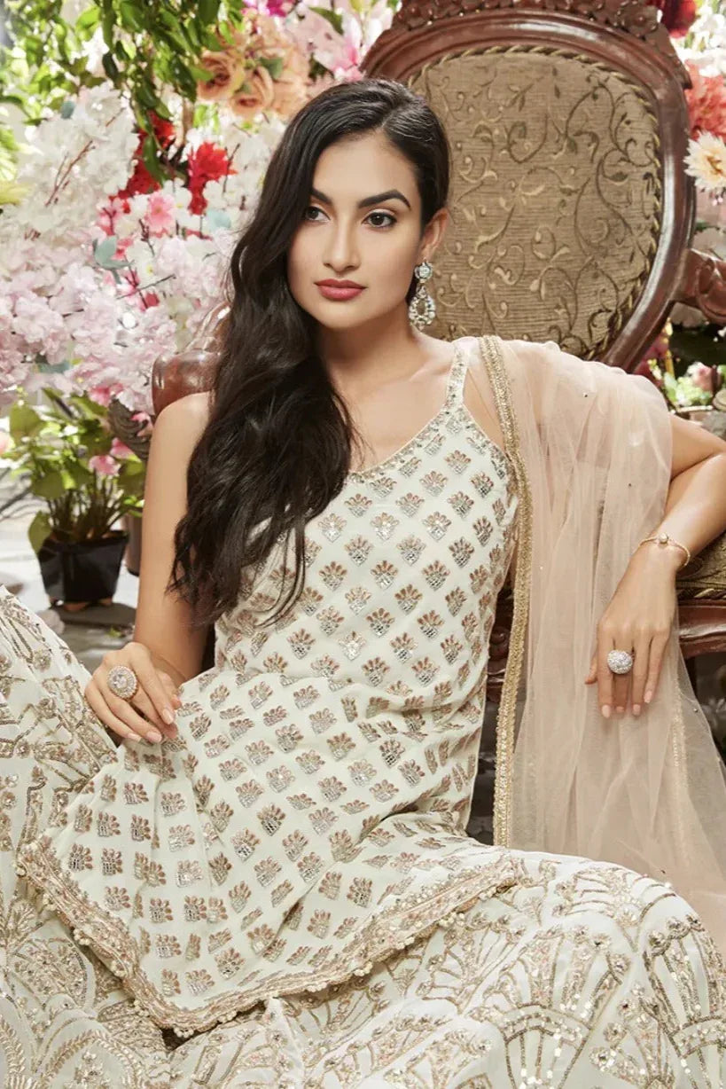 Ivory and Gold Embroidered Sharara Set - MyEthnikRentals