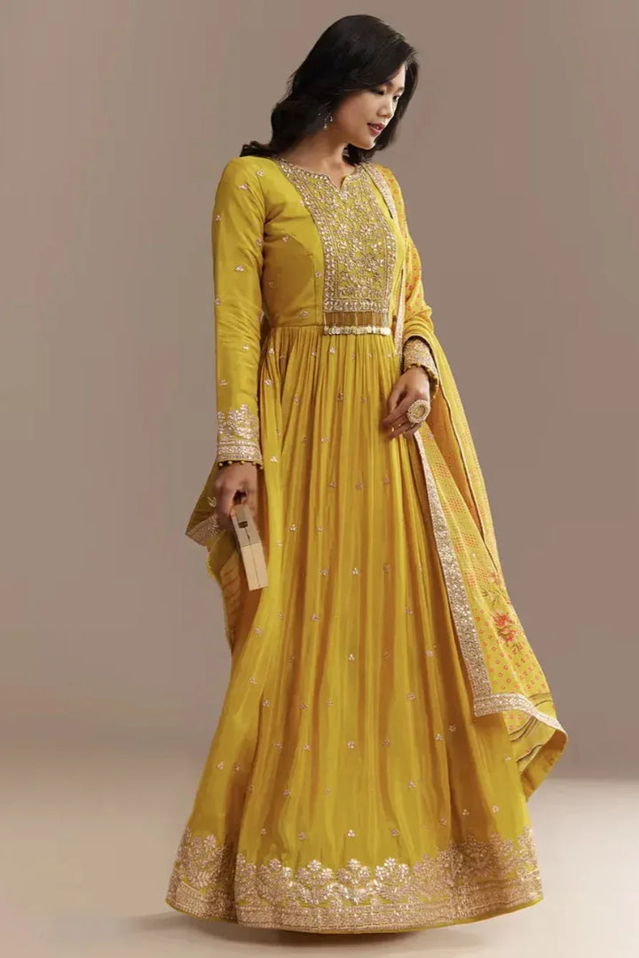 Mustard Zardosi Chiffon Salwar Kameez (Outside Ontario) - MyEthnikRentals