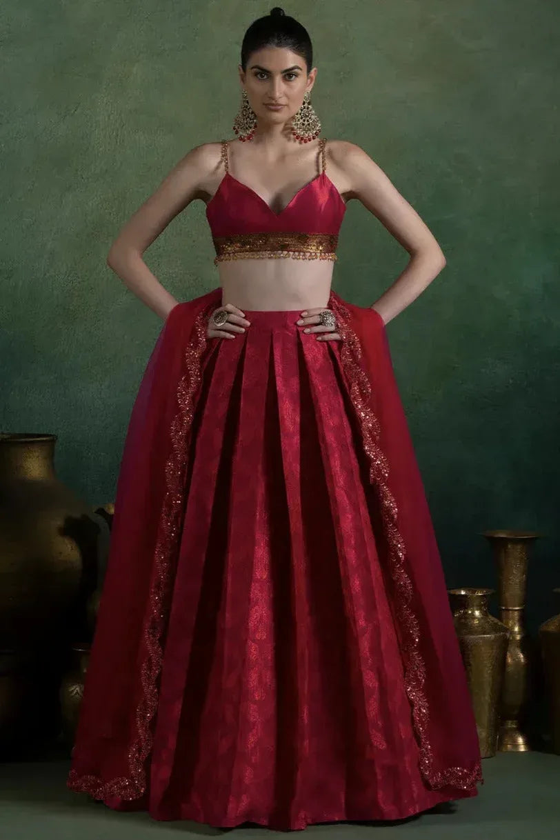 Fuchsia Red Brocade Lehenga - MyEthnikRentals
