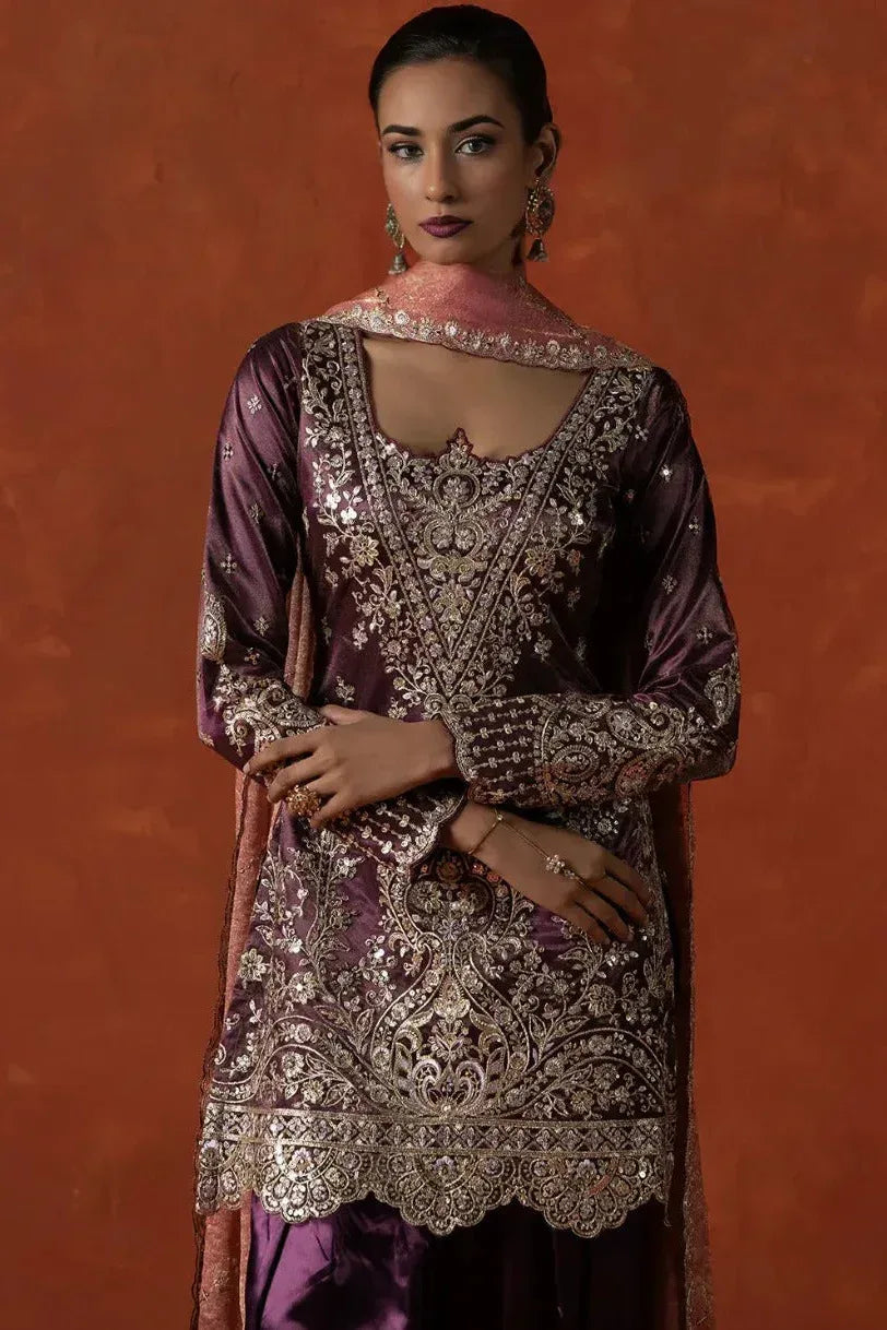 Deep Wine Embroidered Satin Punjabi Suit (Outside Ontario) - MyEthnikRentals