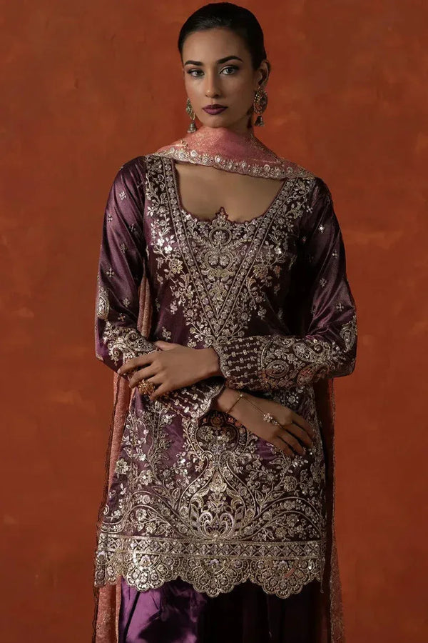 Deep Wine Embroidered Satin Punjabi Suit - MyEthnikRentals