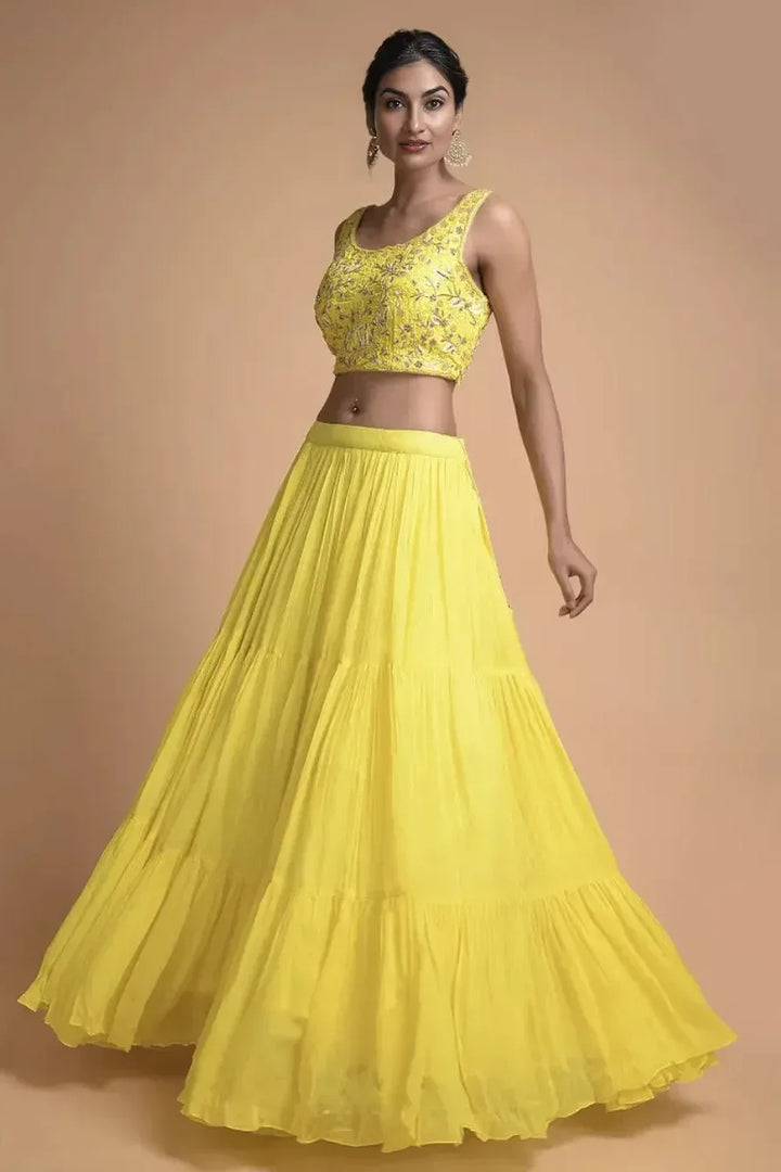 Lemon Yellow Tiered Lehenga (Outside Ontario) - MyEthnikRentals