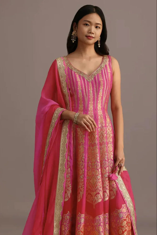 Pink Embroidered Salwar Kameez with Organza Dupatta - MyEthnikRentals
