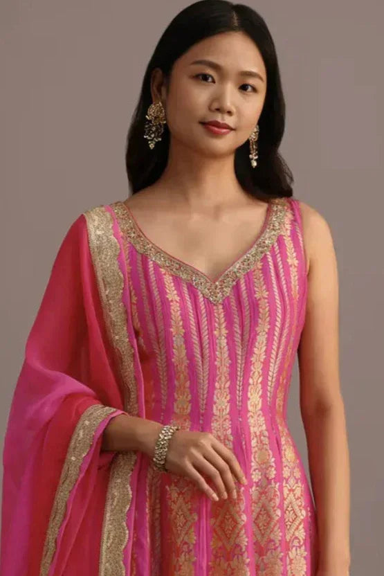 Pink Embroidered Salwar Kameez with Organza Dupatta (Outside Ontario) - MyEthnikRentals