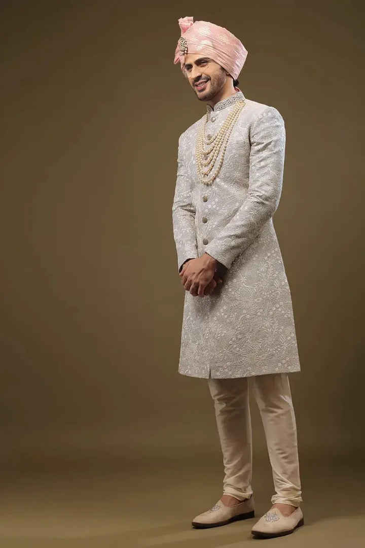 Baby Blue Silk Sherwani with Zari and Sequin Embroidery (Outside Ontario) - MyEthnikRentals