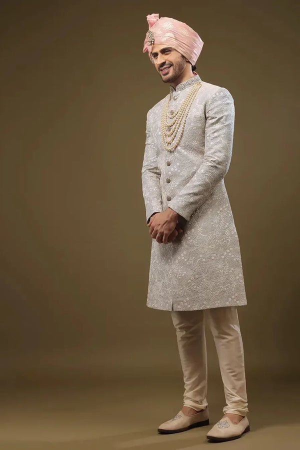 Baby Blue Silk Sherwani with Zari and Sequin Embroidery (Outside Ontario) - MyEthnikRentals