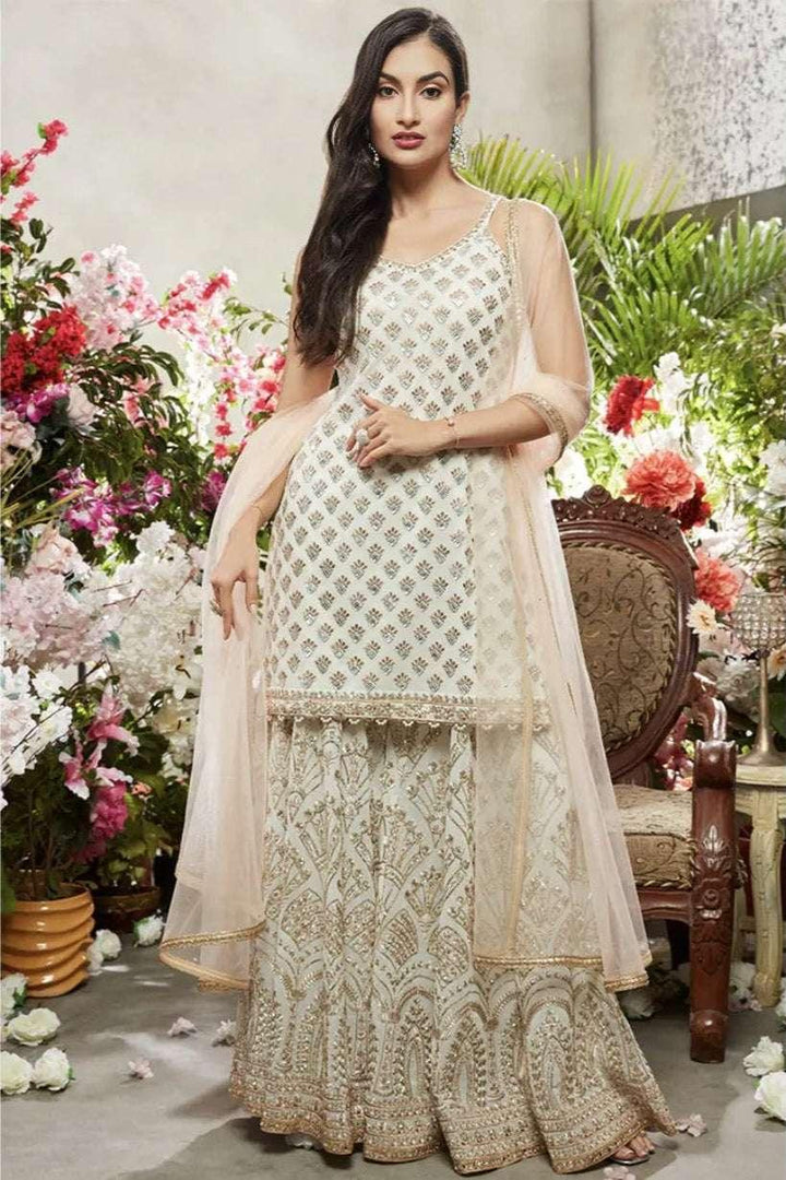 Ivory and Gold Embroidered Sharara Set (Outside Ontario) - MyEthnikRentals