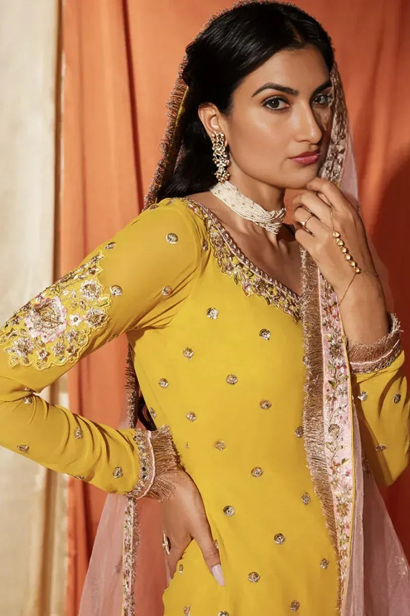 Mustard & Blush Pink Georgette Gharara Suit (Outside Ontario) - MyEthnikRentals