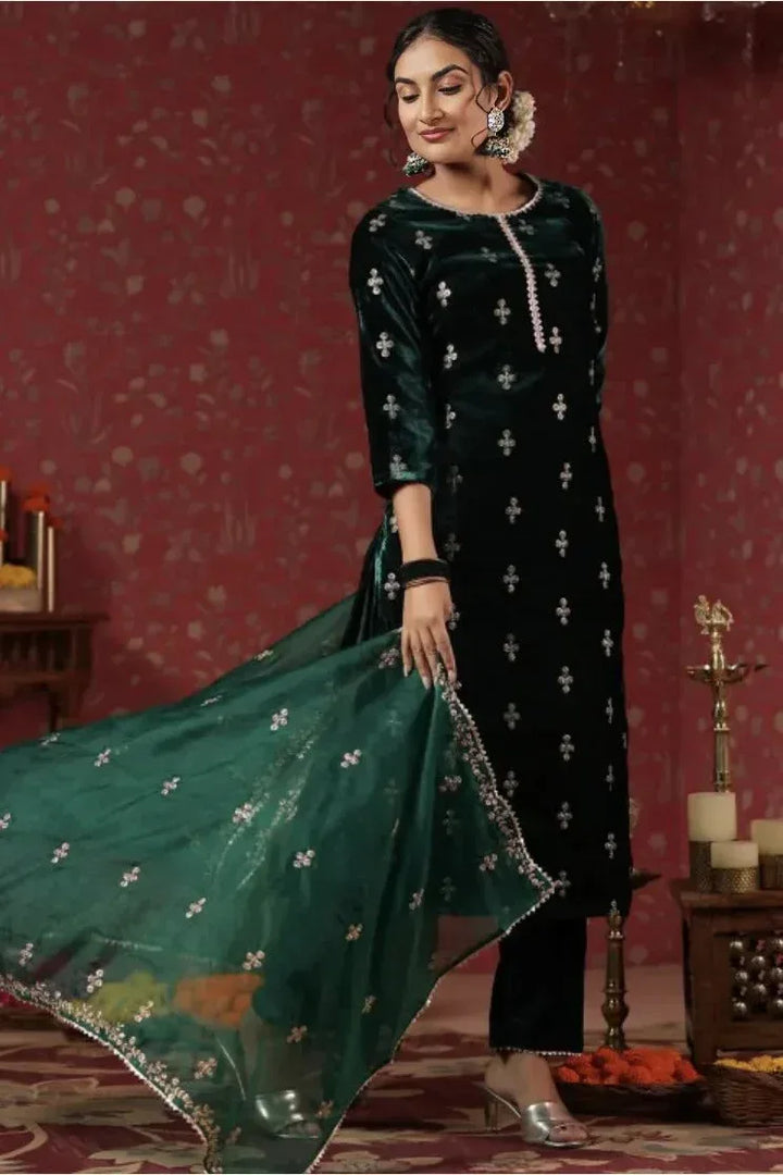 Emerald Velvet Motif Embroidered Salwar Kameez (Outside Ontario) - MyEthnikRentals