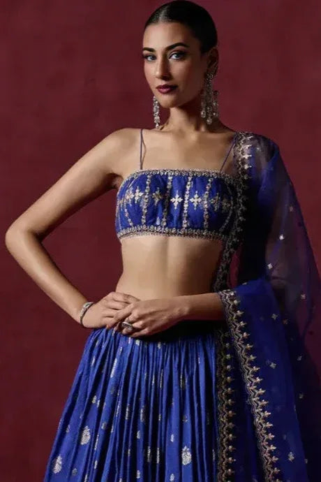 Imperial Blue Brocade Lehenga - MyEthnikRentals