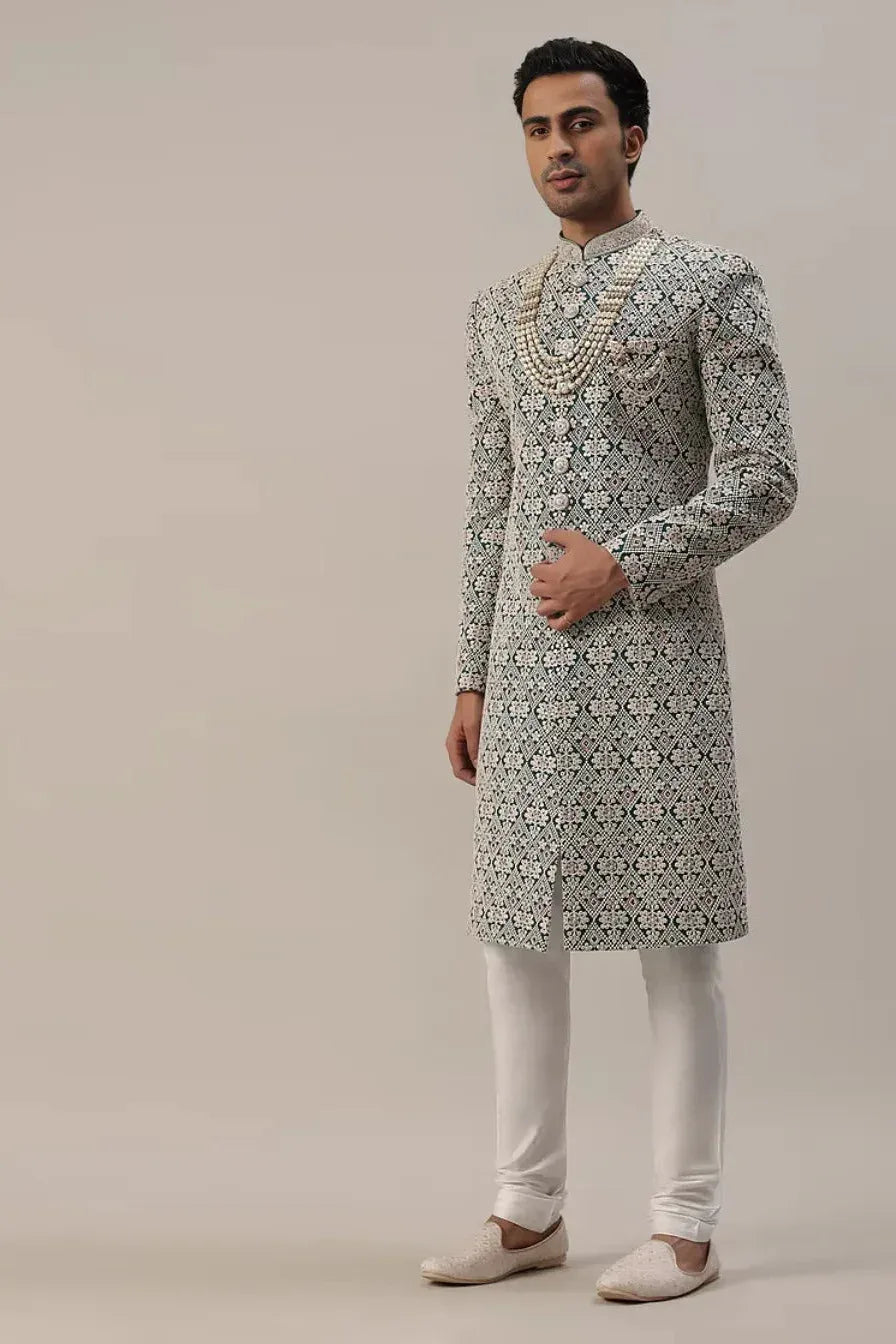 Teal Green Embroidered Sherwani with Layered Mala (Outside Ontario) - MyEthnikRentals