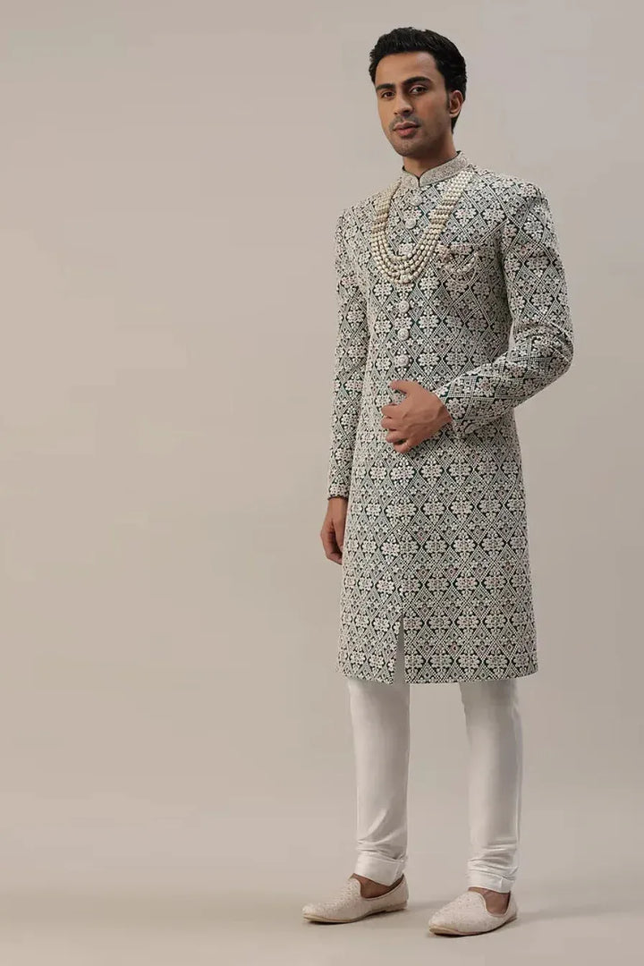 Teal Green Embroidered Sherwani with Layered Mala (Outside Ontario) - MyEthnikRentals