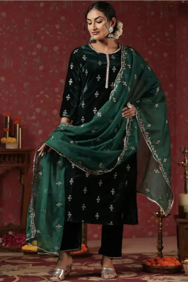 Emerald Velvet Motif Embroidered Salwar Kameez (Outside Ontario) - MyEthnikRentals