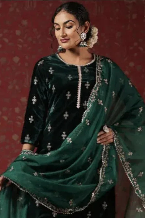 Emerald Velvet Motif Embroidered Salwar Kameez (Outside Ontario) - MyEthnikRentals