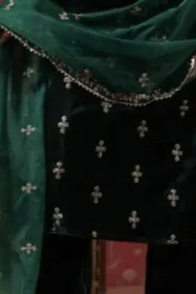 Emerald Velvet Motif Embroidered Salwar Kameez (Outside Ontario) - MyEthnikRentals