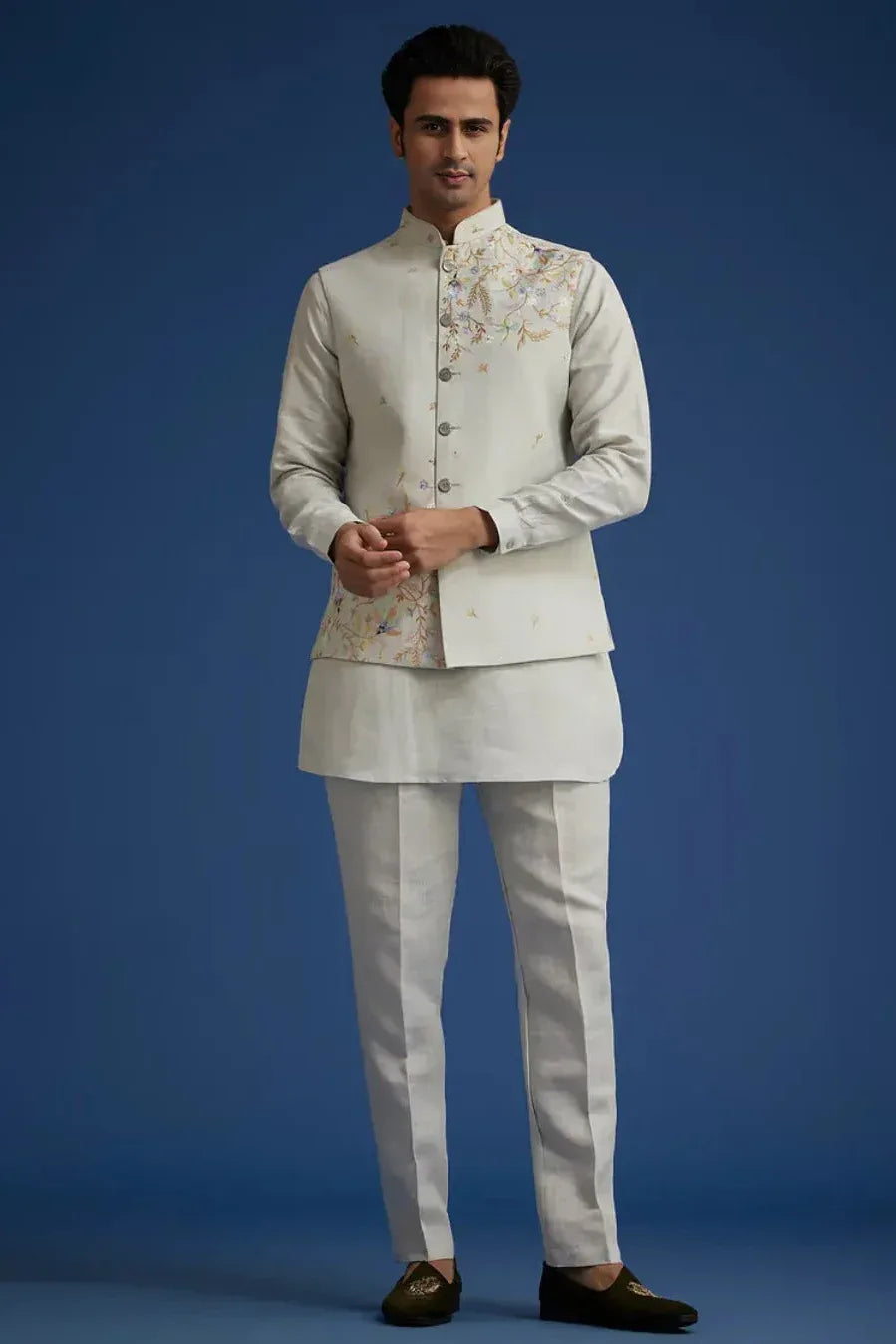 Grey Breeze Linen Suit with Resham Embroidered Jacket (Outside Ontario) - MyEthnikRentals