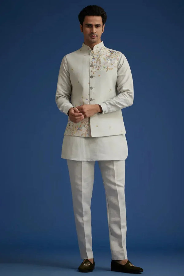 Grey Breeze Linen Suit with Resham Embroidered Jacket - MyEthnikRentals