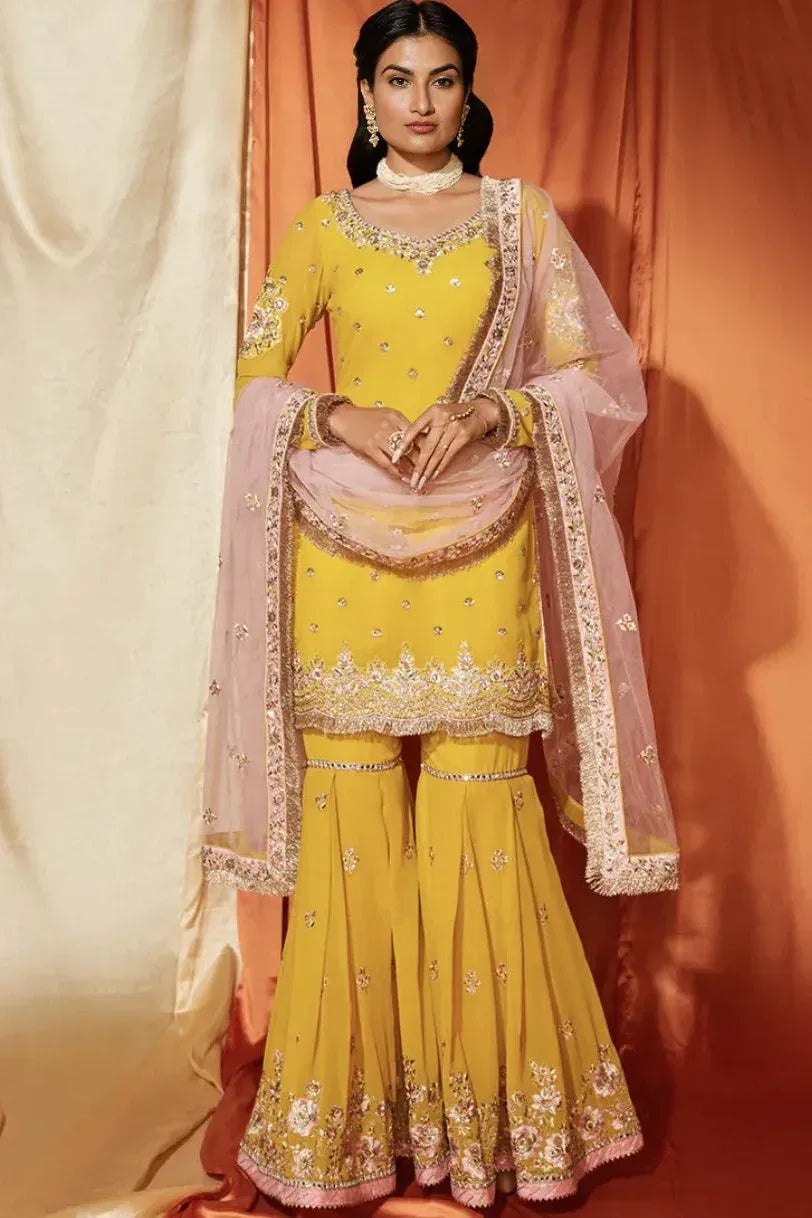 Mustard & Blush Pink Georgette Gharara Suit (Outside Ontario) - MyEthnikRentals