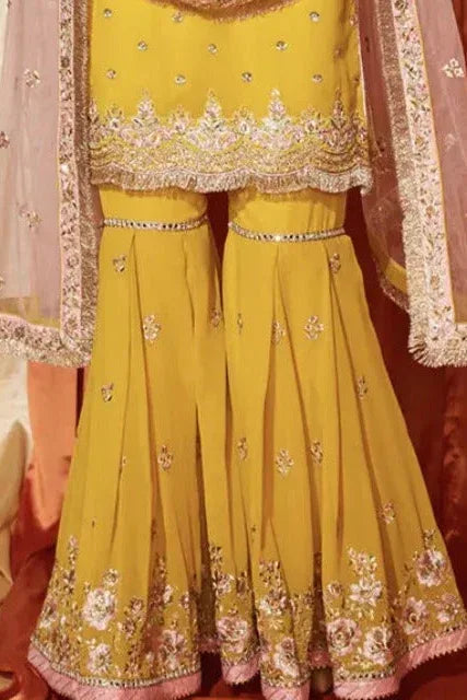 Mustard & Blush Pink Georgette Gharara Suit (Outside Ontario) - MyEthnikRentals