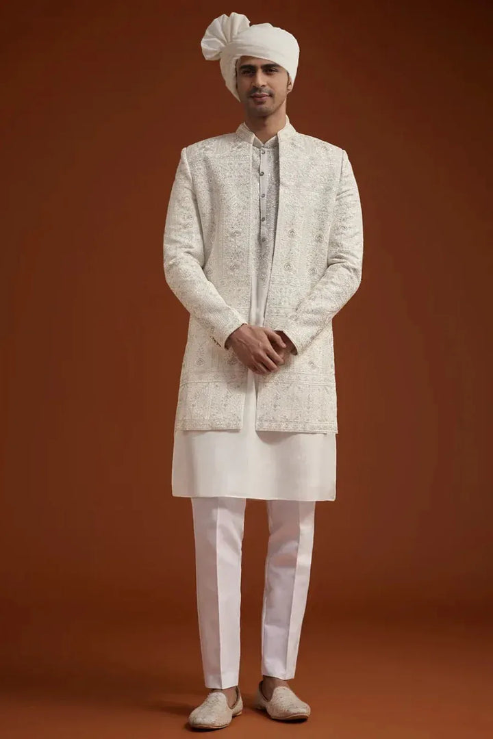 Ivory Open Jacket Sherwani with Resham Embroidery (Outside Ontario) - MyEthnikRentals
