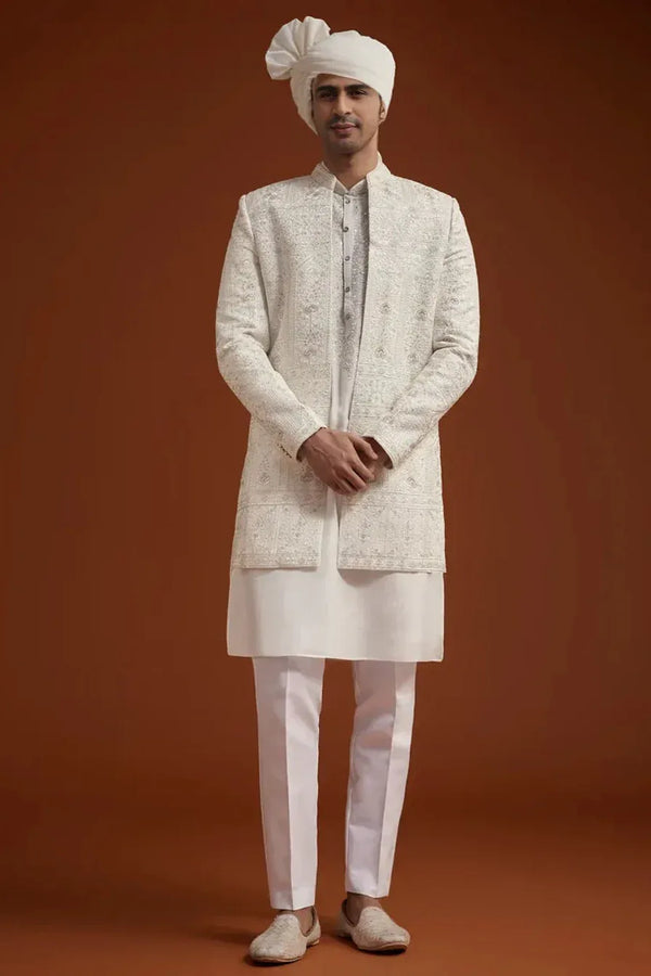 Ivory Open Jacket Sherwani with Resham Embroidery - MyEthnikRentals