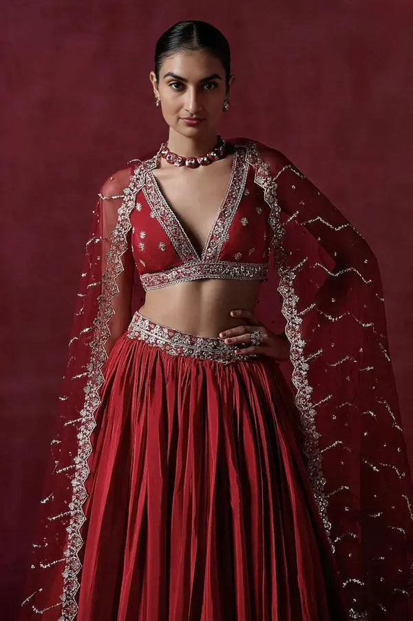 Red Crepe Silk Lehenga - MyEthnikRentals