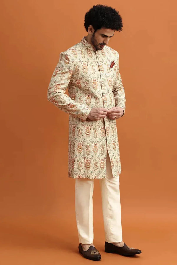 Beige Paisley Print Sherwani with Resham Embroidery - MyEthnikRentals