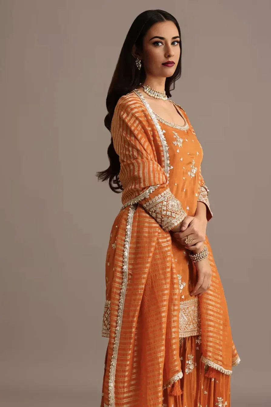 Orange Sequin Kurti Salwar Kameez (Outside Ontario) - MyEthnikRentals