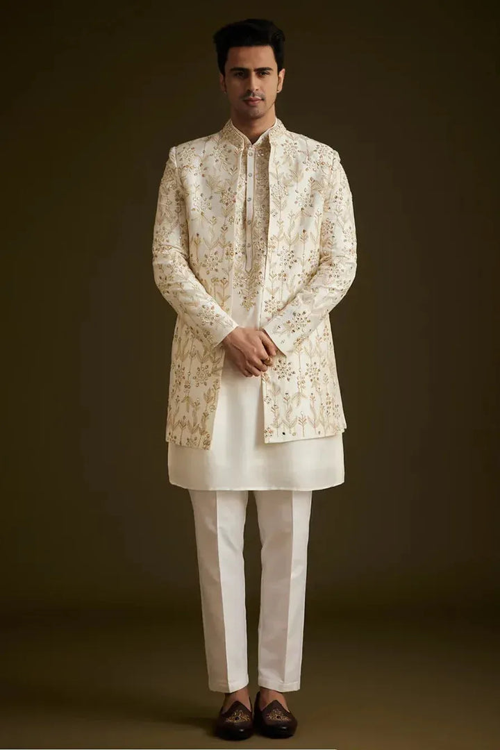 Cream Classic Embroidered Sherwani Set (Outside Ontario) - MyEthnikRentals