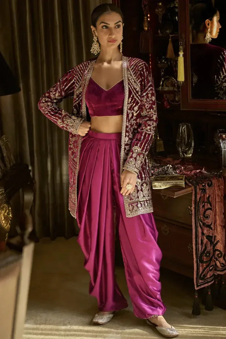 Magenta Velvet Embroidered Jacket Suit - MyEthnikRentals