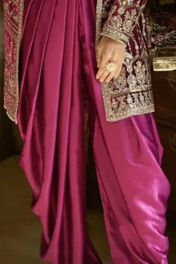 Magenta Velvet Embroidered Jacket Suit - MyEthnikRentals