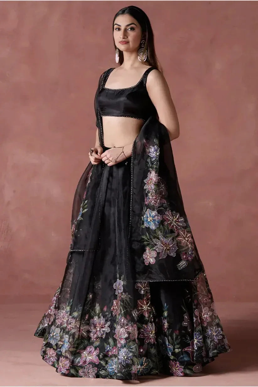 Black Multicolor Floral Lehenga (Outside Ontario) - MyEthnikRentals