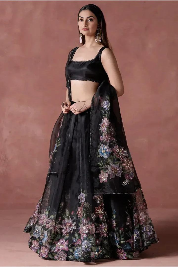 Black Multicolor Floral Lehenga (Outside Ontario) - MyEthnikRentals