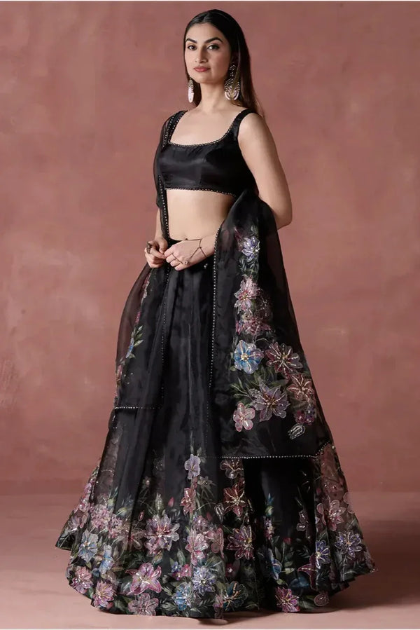 Black Multicolor Floral Lehenga - MyEthnikRentals