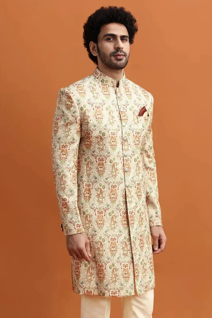 Beige Paisley Print Sherwani with Resham Embroidery (Outside Ontario) - MyEthnikRentals