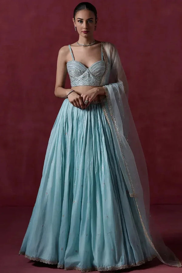 Dusty Blue Organza Lehenga (Outside Ontario) - MyEthnikRentals